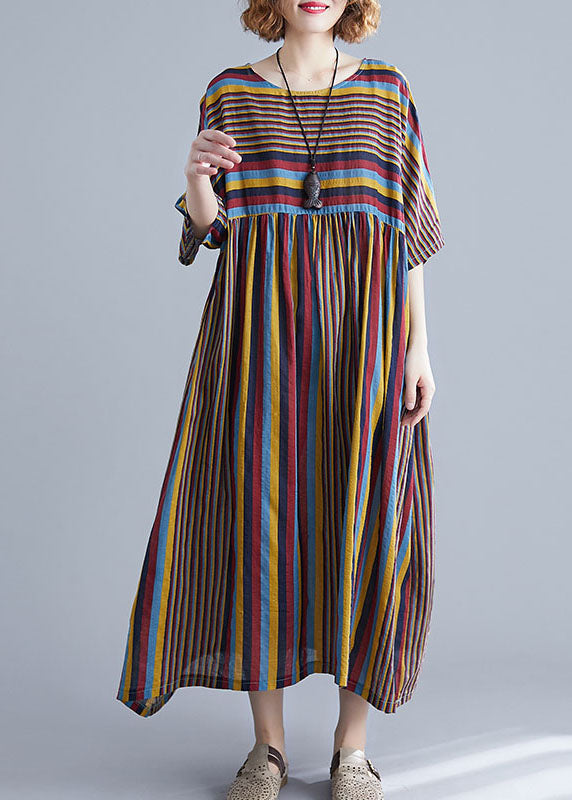 Oversized Coffee Striped O Neck Wrinkled Patchwork Cotton Dresses Summer
