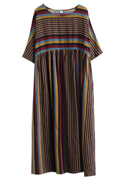 Oversized Coffee Striped O Neck Wrinkled Patchwork Cotton Dresses Summer