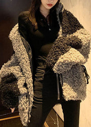 Oversized Grey Stand Collar Pockets Patchwork Faux Fur Coats Winter