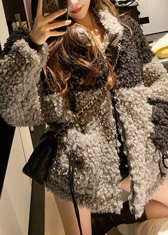Oversized Grey Stand Collar Pockets Patchwork Faux Fur Coats Winter