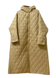 Oversized Khaki Hooded Pockets Button Fine Cotton Filled Coat Winter