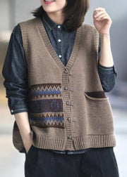 Oversized Khaki Knitted Top V Neck Sleeveless Loose Fitting Knitted Blouse - SooLinen