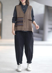 Oversized Khaki Knitted Top V Neck Sleeveless Loose Fitting Knitted Blouse - SooLinen