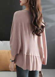 Oversized Pink O Neck Asymmetrical Thin Knit Sweater Batwing Sleeve