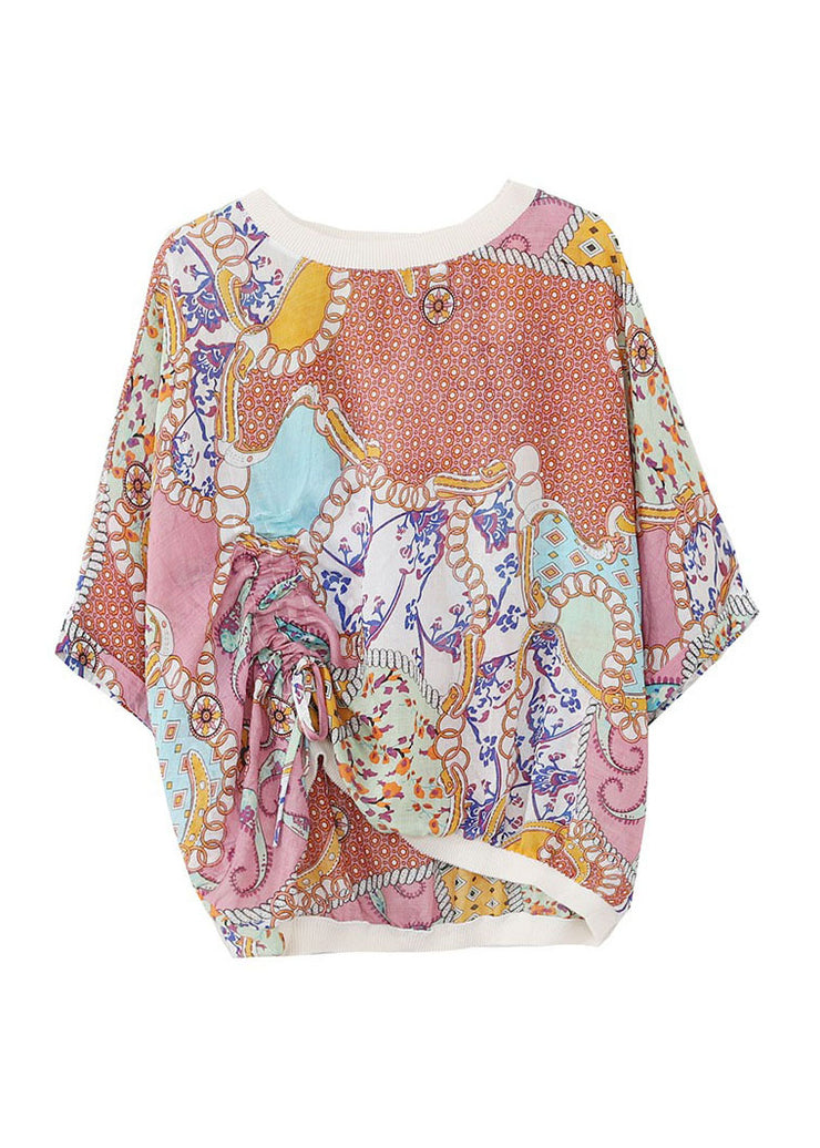 Oversized Pink O Neck Print Patchwork Cotton T Shirts Tops Summer
