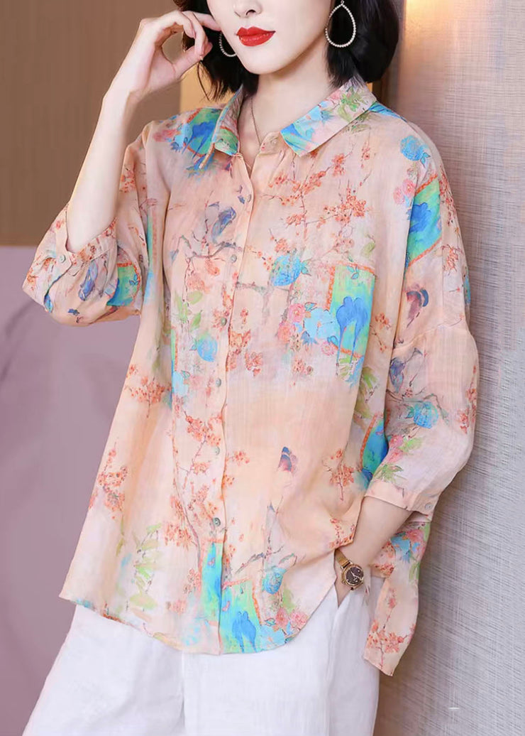 Oversized Pink Peter Pan Collar Print Patchwork Linen Shirt Tops Summer