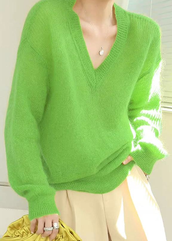 Oversized Simple Green V Neck Cozy Knit Sweaters Fall