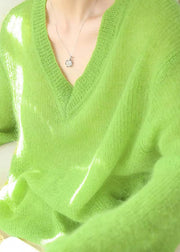 Oversized Simple Green V Neck Cozy Knit Sweaters Fall