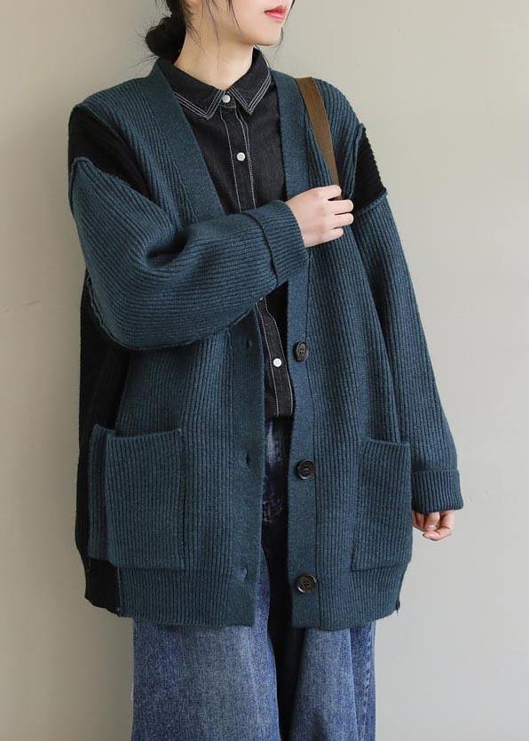 Oversized Spring Green Knit Sweat Tops Oversize V Neck Button Down Sweater Tops - SooLinen