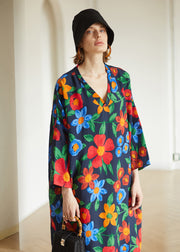 Oversized V Neck Floral Cotton Vacation Robe Dresses Fall