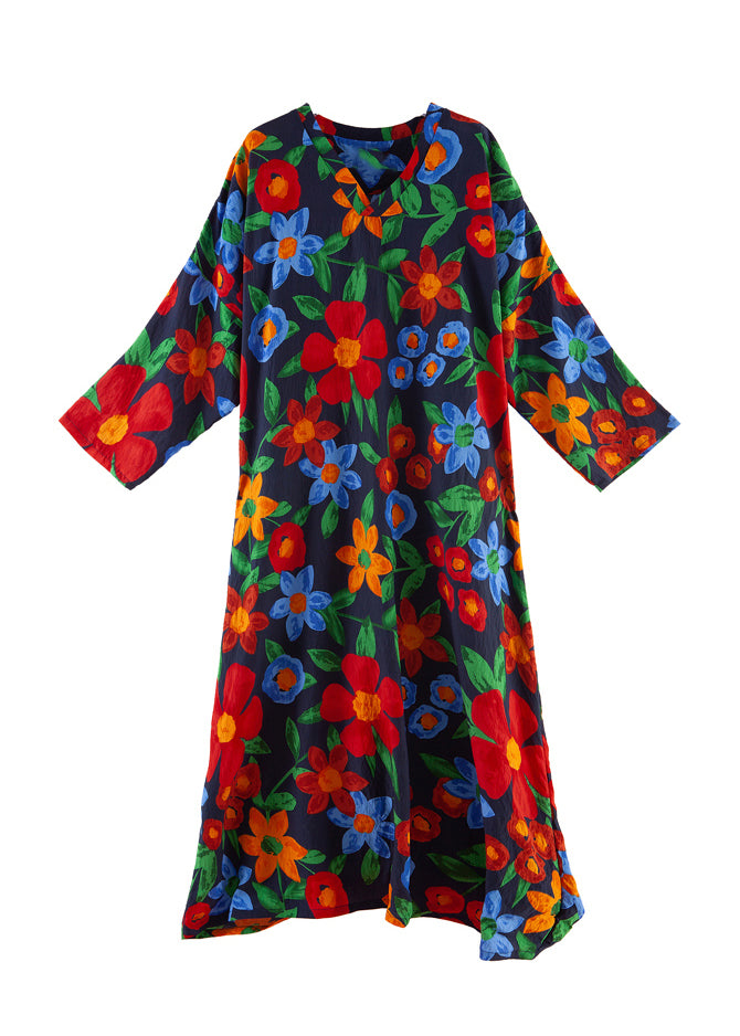 Oversized V Neck Floral Cotton Vacation Robe Dresses Fall