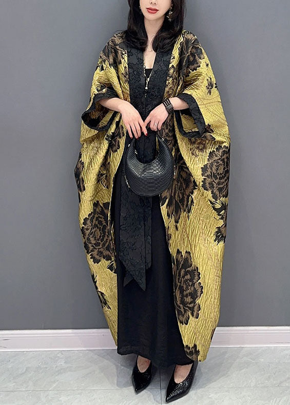 Oversized Yellow Floral Print Patchwork Cotton Cardigan Batwing Sleeve