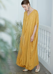 Oversized Yellow V Neck Jacquard Patchwork Cotton Robe Dresses Summer