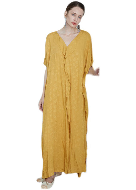 Oversized Yellow V Neck Jacquard Patchwork Cotton Robe Dresses Summer