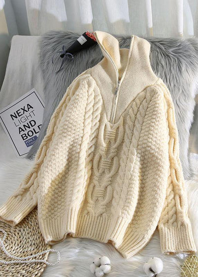 Oversized beige knitted pullover high neck zippered fall fashion knit sweat tops - SooLinen