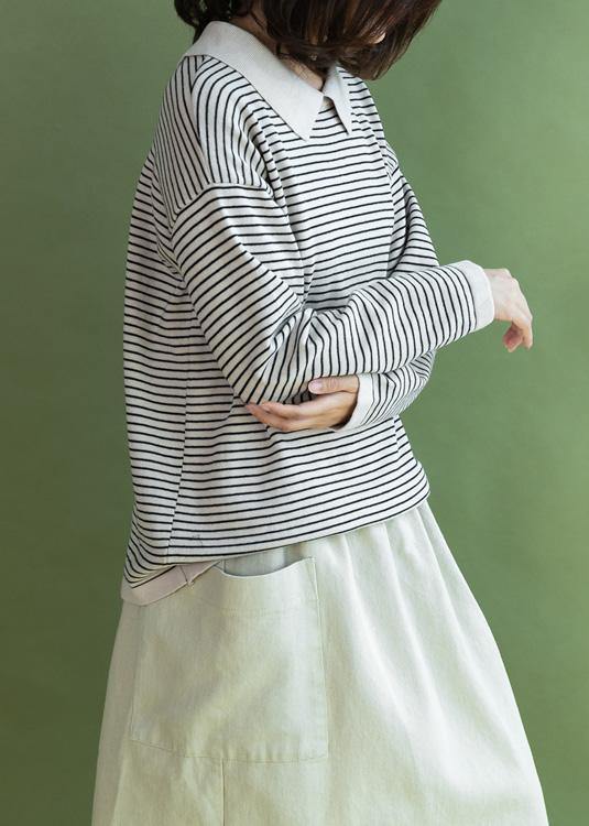 Oversized beige striped knitted blouse plus size clothing lapel collar knit blouse - SooLinen