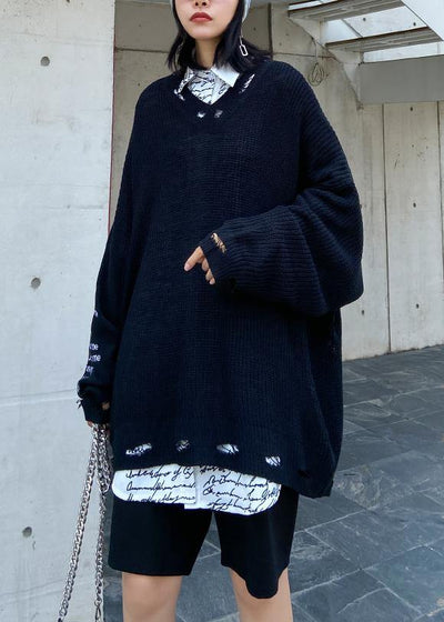 Oversized black Letter knit tops v neck fall fashion sweaters - SooLinen