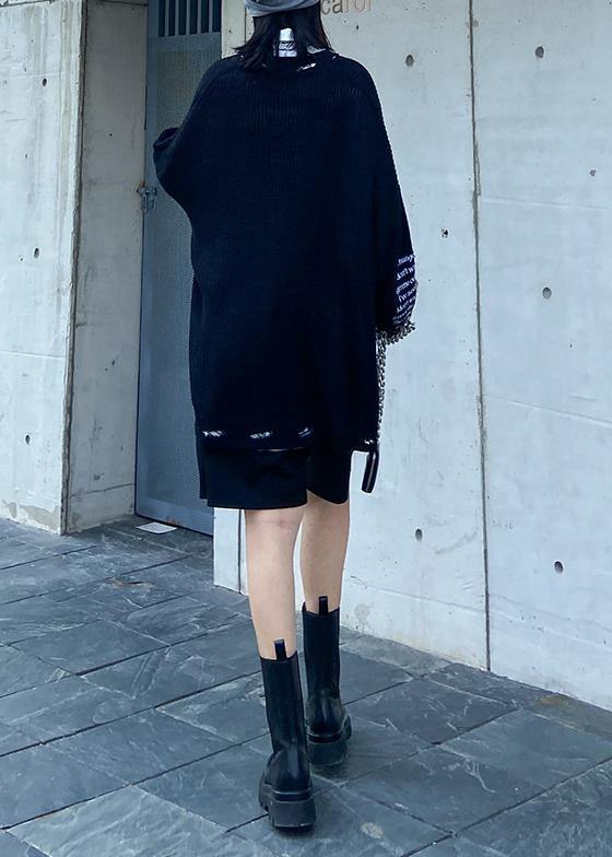 Oversized black Letter knit tops v neck fall fashion sweaters - SooLinen