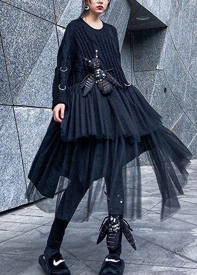 Oversized black Sweater Vintage o neck Three-dimensional decoration Big spring sweater dresses - SooLinen