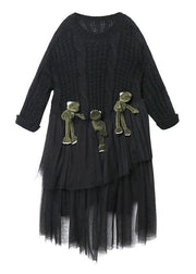 Oversized black Sweater Vintage o neck Three-dimensional decoration Big spring sweater dresses - SooLinen