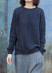 Oversized black gray knit blouse side open casual o neck sweaters - SooLinen