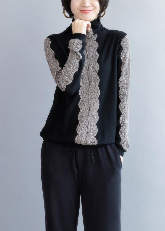 Oversized black knit sweat tops fall fashion high neck knitted t shirt - SooLinen