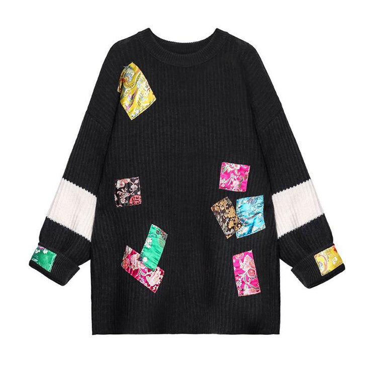 Oversized black knitted pullover o neck patchwork oversized knitted blouse - SooLinen