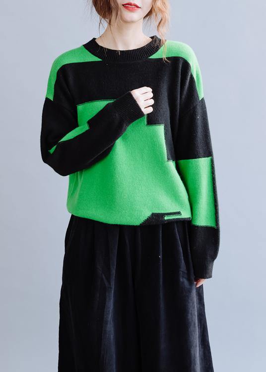 Oversized black patchwork green knitwear oversize o neck knitted pullover - SooLinen