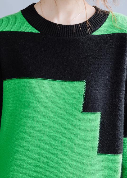 Oversized black patchwork green knitwear oversize o neck knitted pullover - SooLinen