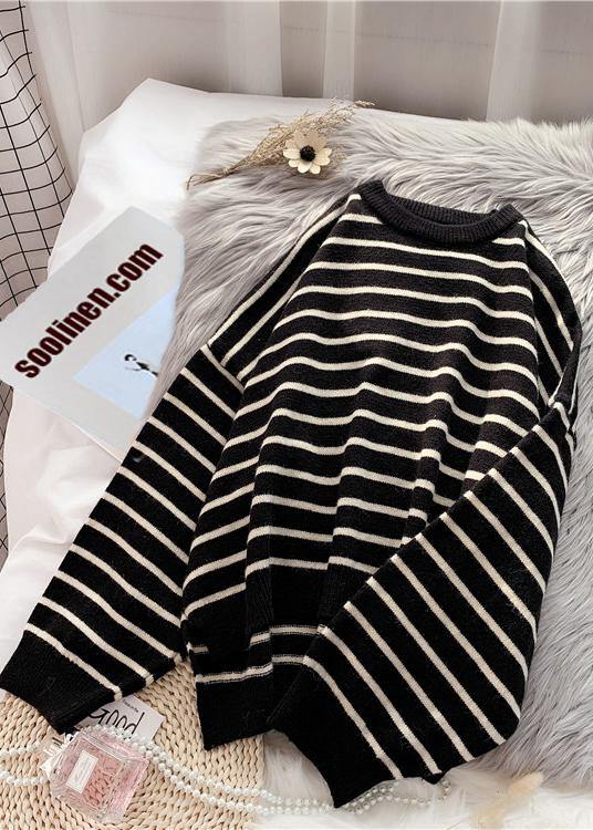 Oversized black striped knitted blouse plus size clothing o neck low high design knit tops - SooLinen