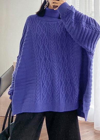 Oversized blue Sweater Blouse high neck thick casual knit sweat tops - SooLinen