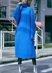 Oversized blue Sweater dresses Largo high neck tunic fall knit dresses - SooLinen