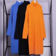 Oversized blue Sweater dresses Largo high neck tunic fall knit dresses - SooLinen
