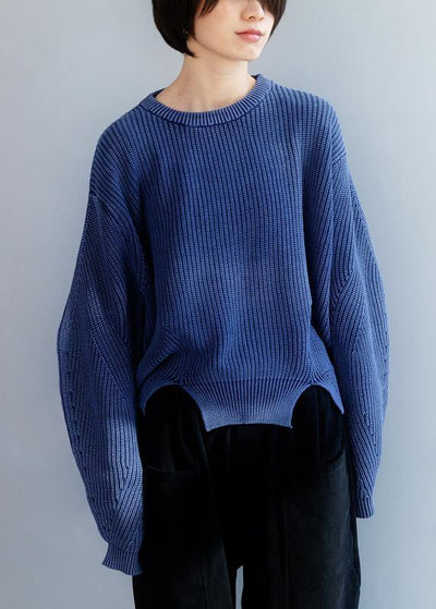 Oversized blue knit blouse open hem Loose fitting knit tops - SooLinen