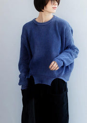 Oversized blue knit blouse open hem Loose fitting knit tops - SooLinen