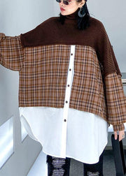 Oversized chocolate Sweater Blouse lapel patchwork plus size spring knit tops - SooLinen