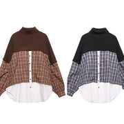 Oversized chocolate Sweater Blouse lapel patchwork plus size spring knit tops - SooLinen