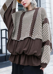 Oversized chocolate striped box top plus size clothing o neck ruffles patchwork knit sweat tops - SooLinen