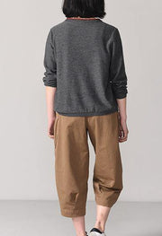 Oversized dark gray knit tops trendy plus size Cartoon print sweaters long sleeve - SooLinen