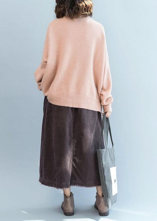 Oversized fall pink knit sweat tops plus size clothing v neck knit blouse - SooLinen