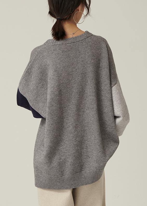 Oversized gray Sweater Blouse o neck patchwork oversized fall knitwear - SooLinen