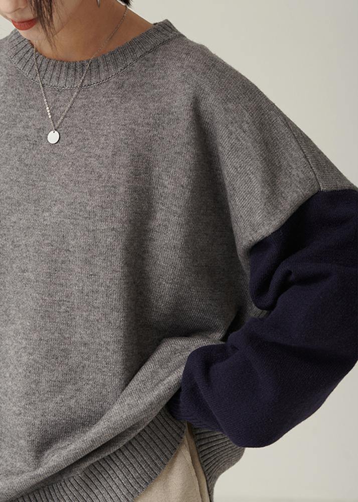 Oversized gray Sweater Blouse o neck patchwork oversized fall knitwear - SooLinen