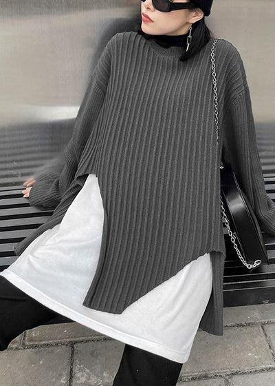 Oversized gray knit sweat tops fall fashion o neck false two pieces crane tops - SooLinen