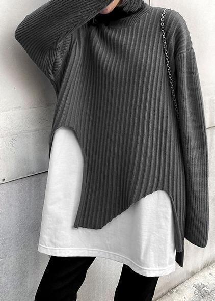 Oversized gray knit sweat tops fall fashion o neck false two pieces crane tops - SooLinen