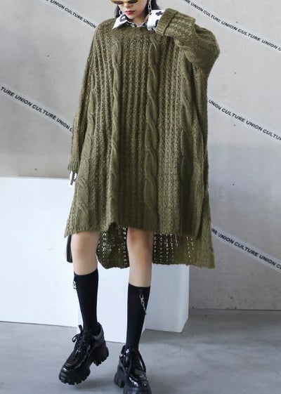 Oversized green Sweater dress Street Style o neck low high design Art knit dresses - SooLinen