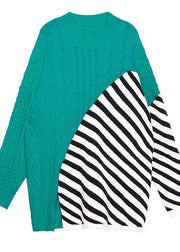 Oversized green patchwork striped knit sweat tops Loose fitting o neck Sweater Blouse - SooLinen