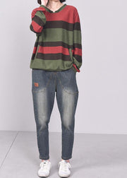 Oversized green striped knit tops plus size patchwork sweaters v neck - SooLinen