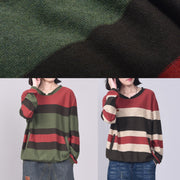 Oversized green striped knit tops plus size patchwork sweaters v neck - SooLinen