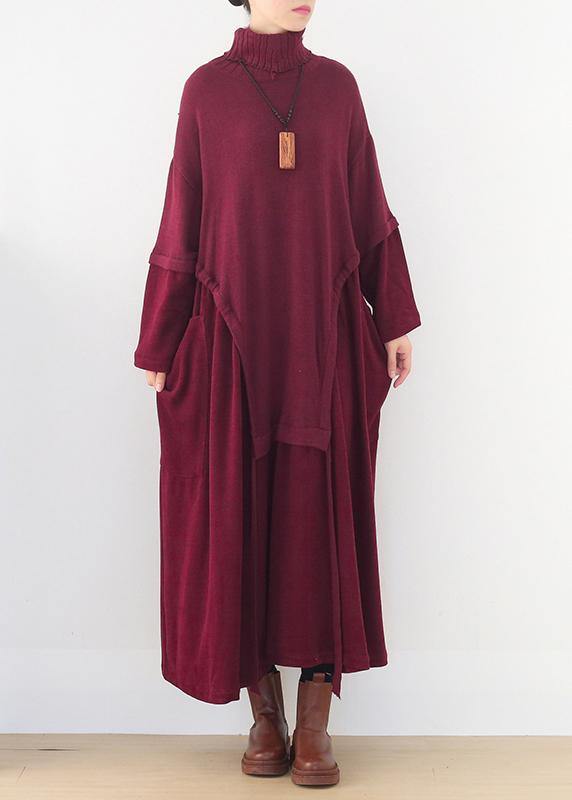 Oversized high neck patchwork Sweater Wardrobes Women burgundy Tejidos knit dresses - SooLinen