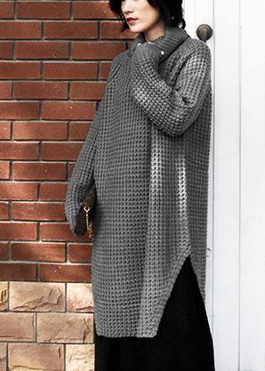Oversized high neck side open Sweater Aesthetic Vintage gray daily knit dress - SooLinen